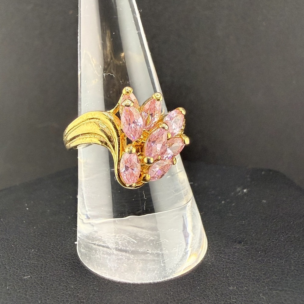 Vintage Estate Ring Pink Rhinestone Gold Plated Marquise Cluster 8